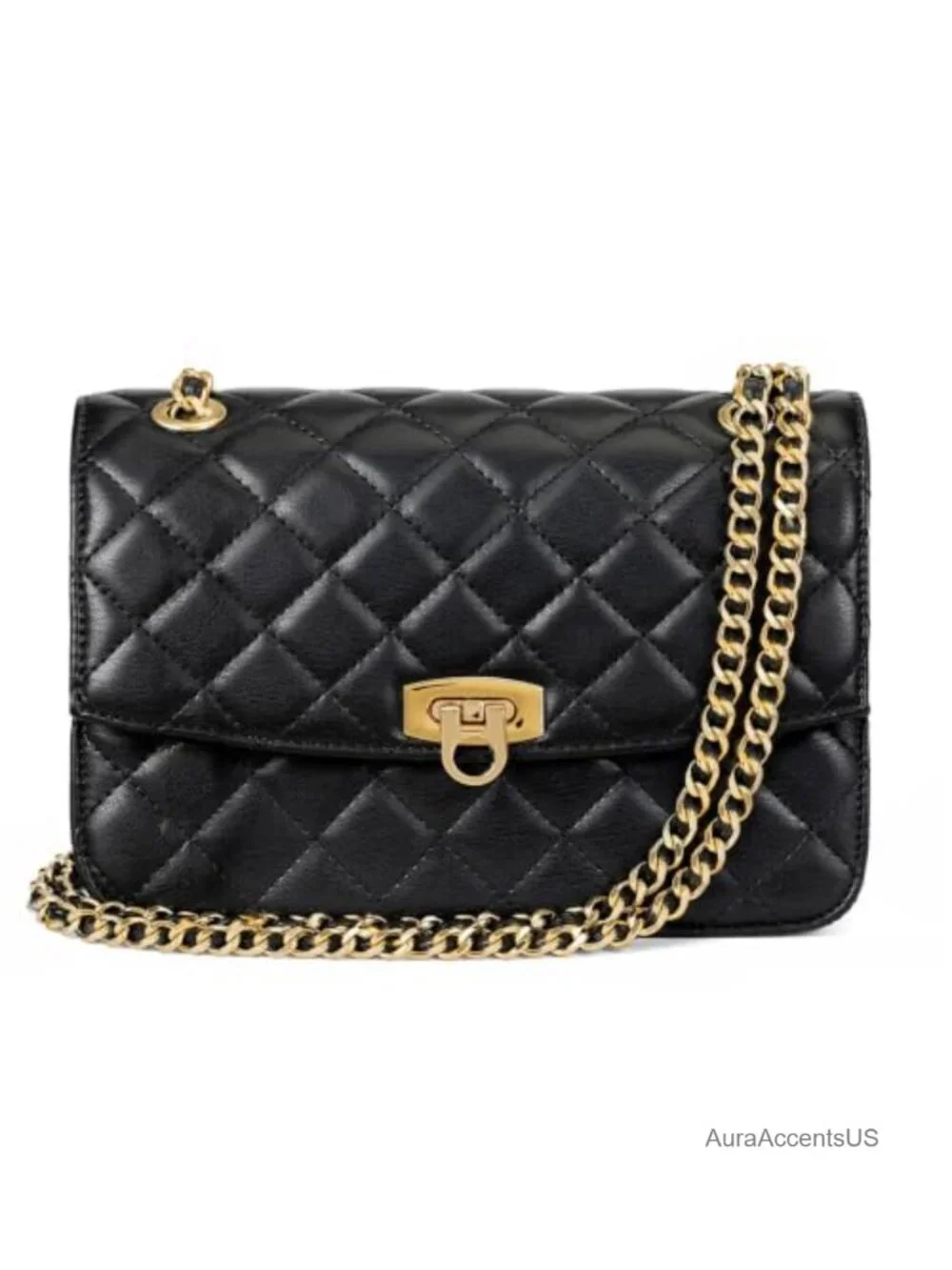 Quilted Vegan Leather Crossbody Bag with Gold Chain Shoulder Strap